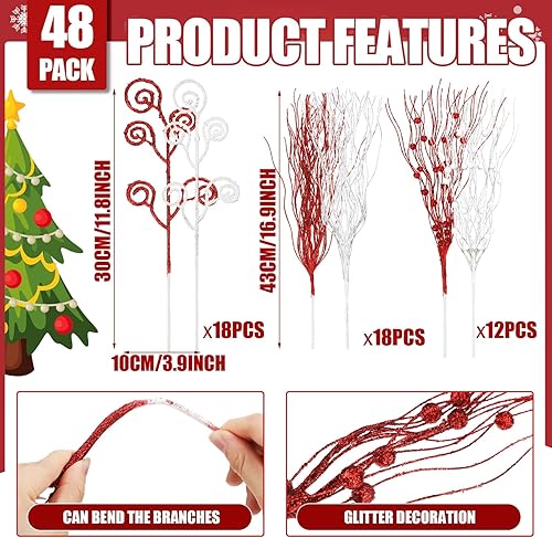 Miniatura 9 de Tigeen 48 piezas de tallos de bayas artificiales de Navidad de 17 pulgadas y 12 pulgadas con purpurina artificial, palitos de Navidad, ramas