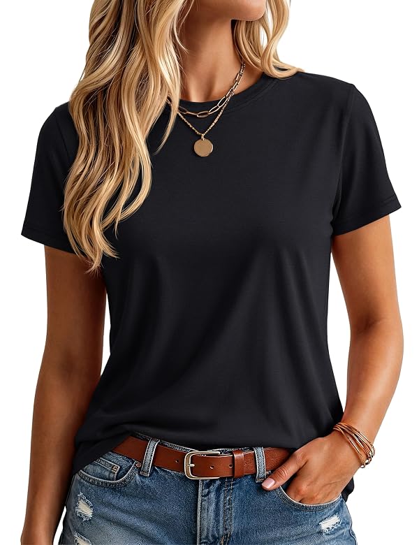 YUCOLEN Women's Cotton Tshirts Crew Neck Short Sleeve Shirts for Woman Basic Soild Color Summer Trendy Tees Black XL by YUCOLEN - Used condition - US$13.00