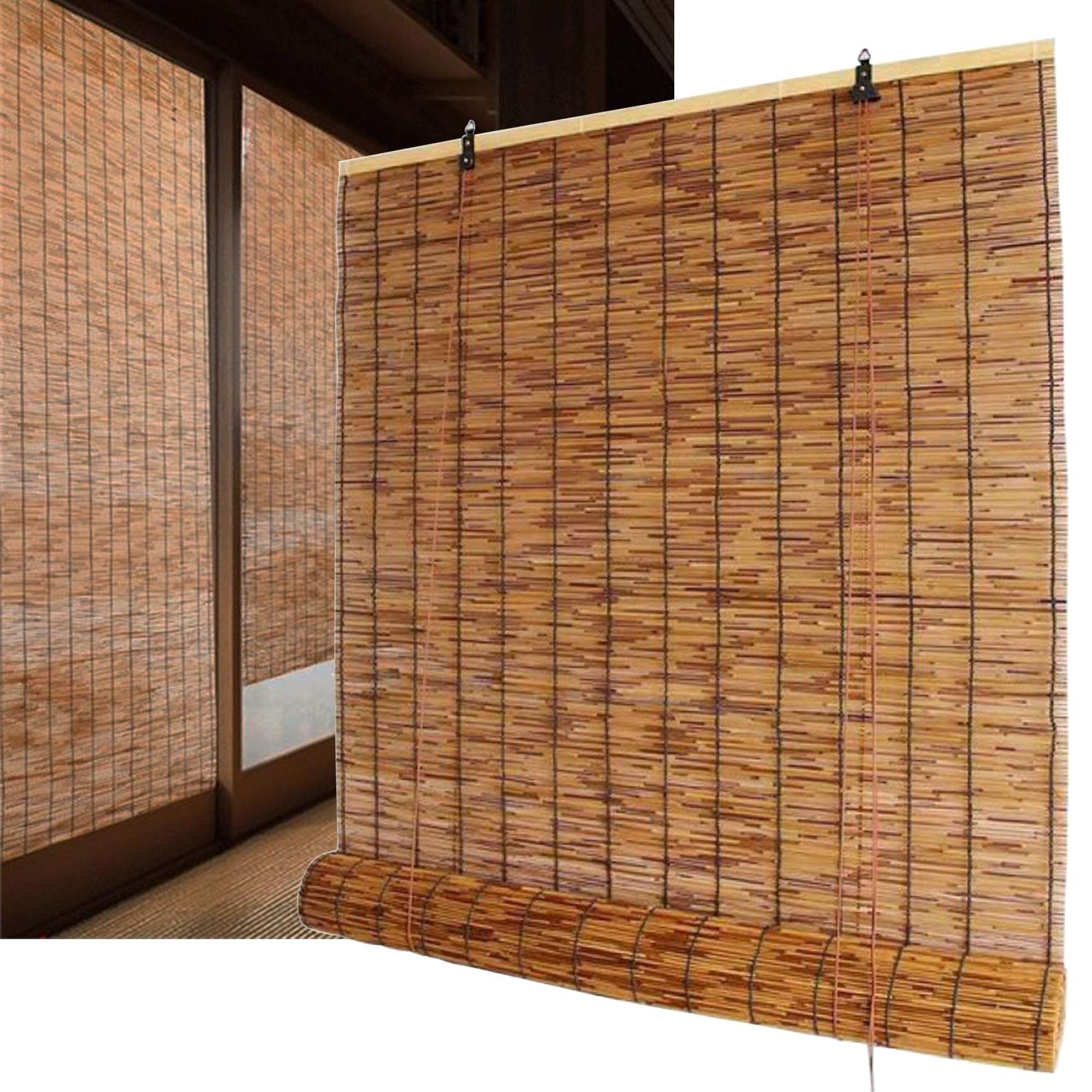 TMGJShd Carbonization Natural Reed Curtain Roller Blind Retro Hand-Woven - Partition Blind Sun Shade with Lifter - Light Filtering/Anti-Uv for Window/Door/Patio. (Size:80cmx110cm/31.50inx43.31in)