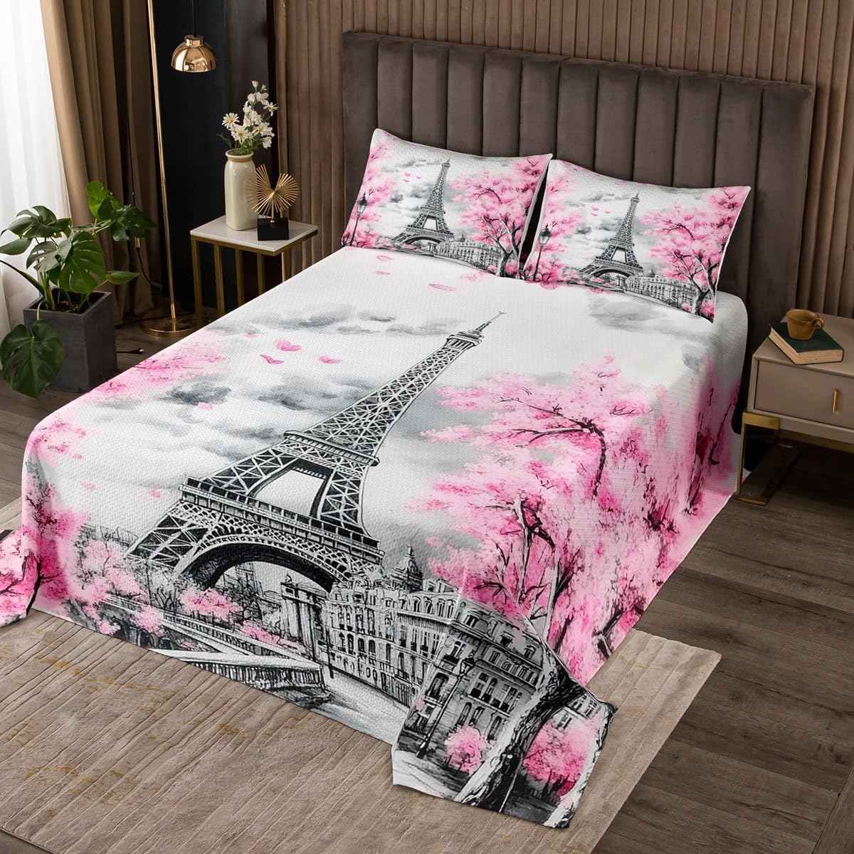 Erosebridal Paris Eiffel Tower Queen Bedding Set,Pink Cherry Blossom Quilt for Girls Kids,Vintage French Style Quilts Bed Set,Pink Floral Fashion Bedspread Room Decor,2 Pillowshams