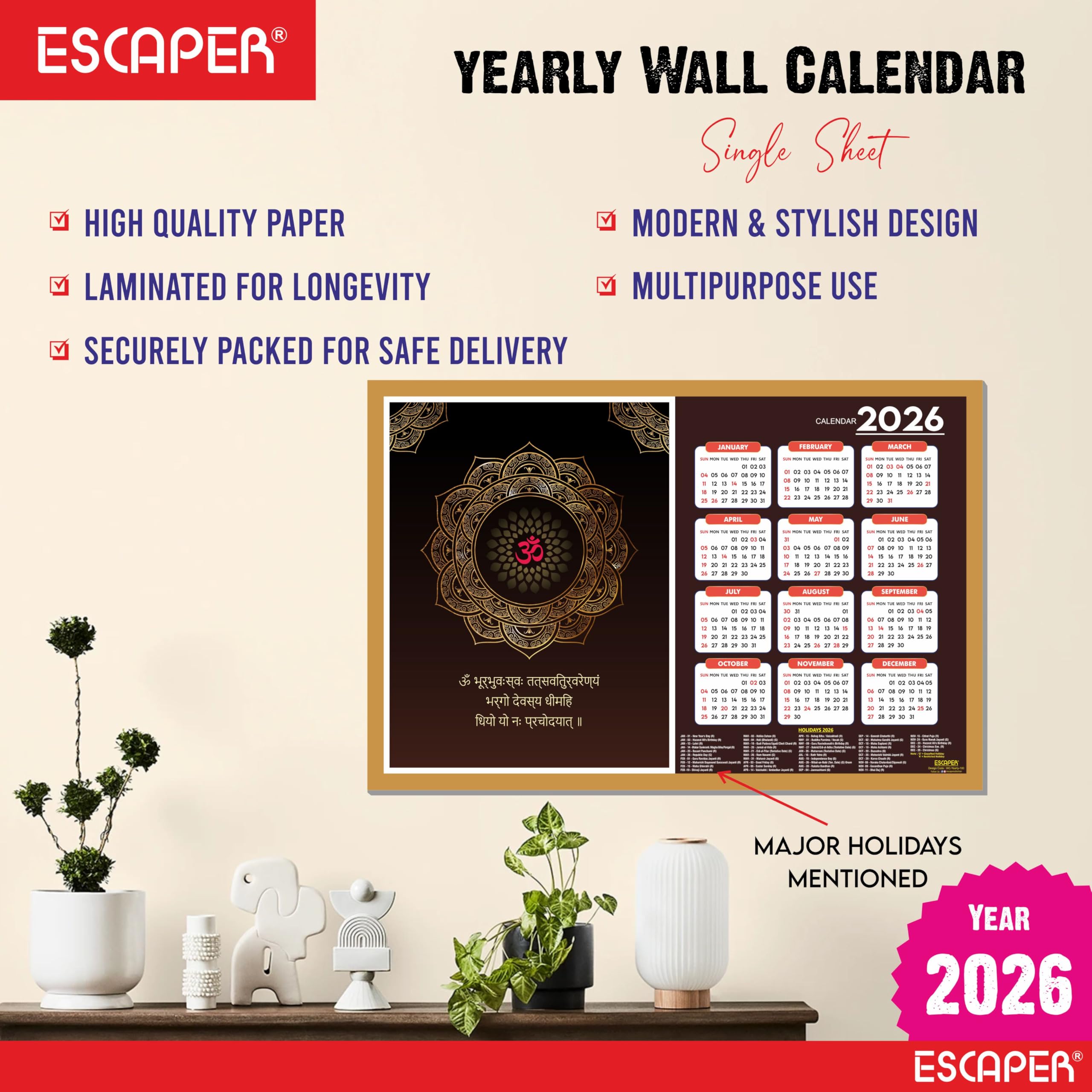 ESCAPER Gayatri Mantra Wandkalender 2026 - 30,5 x 45,7 cm, Meditations- & Yoga-Wandkalender, Yogasana- & Asana-Diagramme, Chakra-Posen, ideal für Yoga-Kurse & Fitnesscenter
