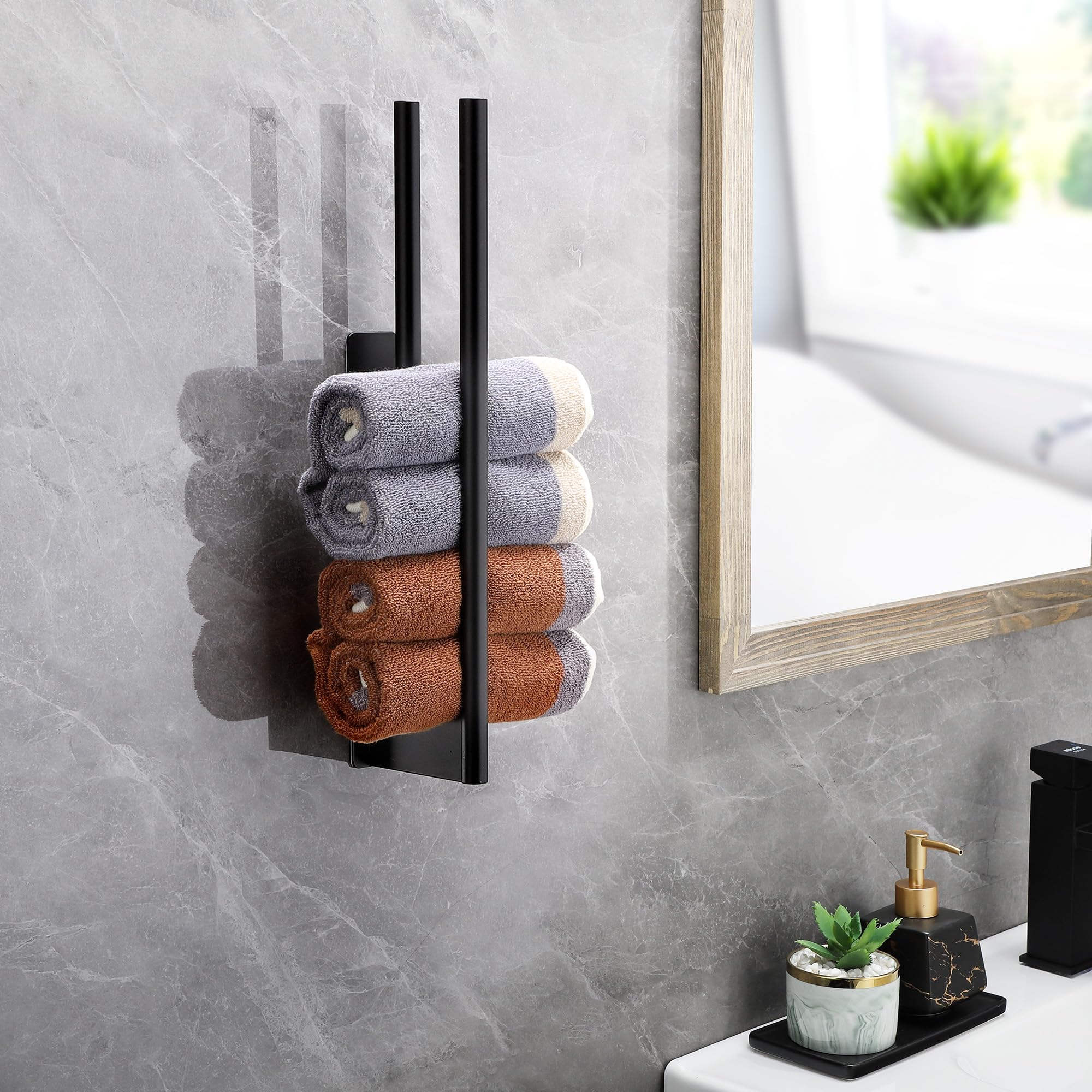 Porte Serviette Salle de Bain en Acier Inoxydable 304 Mat – Porte Serviette Mural Autocollant Double Barre 39 cm Noir – Porte-Serviettes sans Perçage pour Cuisine et Salle de Bain