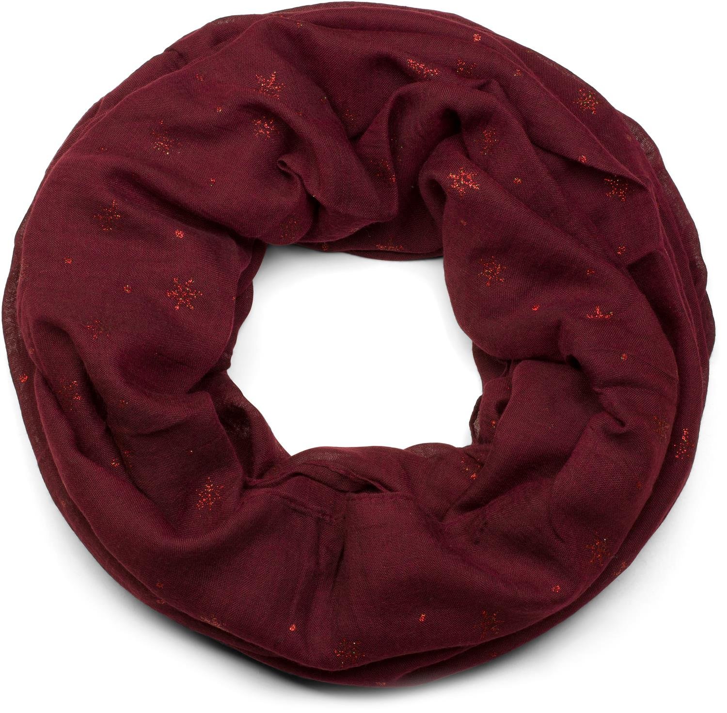 styleBREAKER Ladies Loop Scarf with Glitter Snowflake Print, Soft Tubular Scarf Unicoloured, Shawl 01017064, Colour:Claret-Red