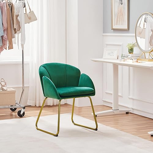 Miniatura 11 de Yaheetech Silla de tocador de terciopelo en forma de flor, sillón lateral moderno, silla de maquillaje sin ruedas con patas de metal dorado para