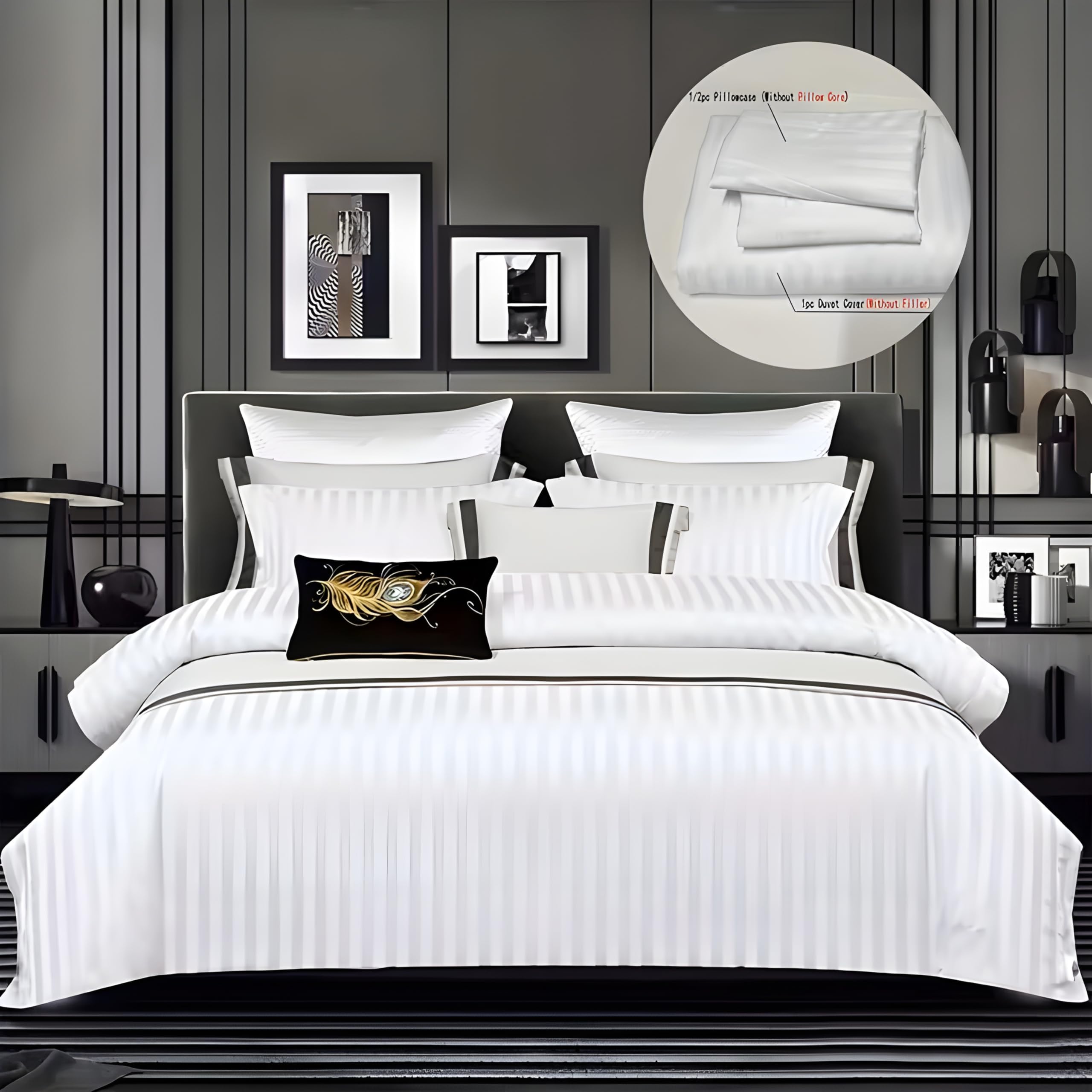 100% Egyptian Cotton 240 Thread Count 3 Piece Satin Stripe Duvet Cover Set - King Size, Includes 1 Duvet Cover (230 x 220 cm) with zipper closure & 2 Pillowcase (50 x 75 cm), Hotel Type, White