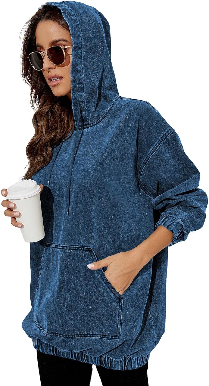 Women's Denim Hoodie Long Sleeve Pullover Sweatshirts Jean Jacket with Pockets - Image 6