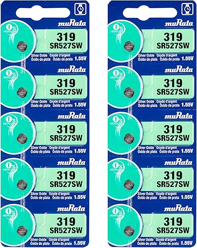 Murata 319 Batería SR527SW 1.55V Celda de botón de reloj de óxido de plata (10 baterías)