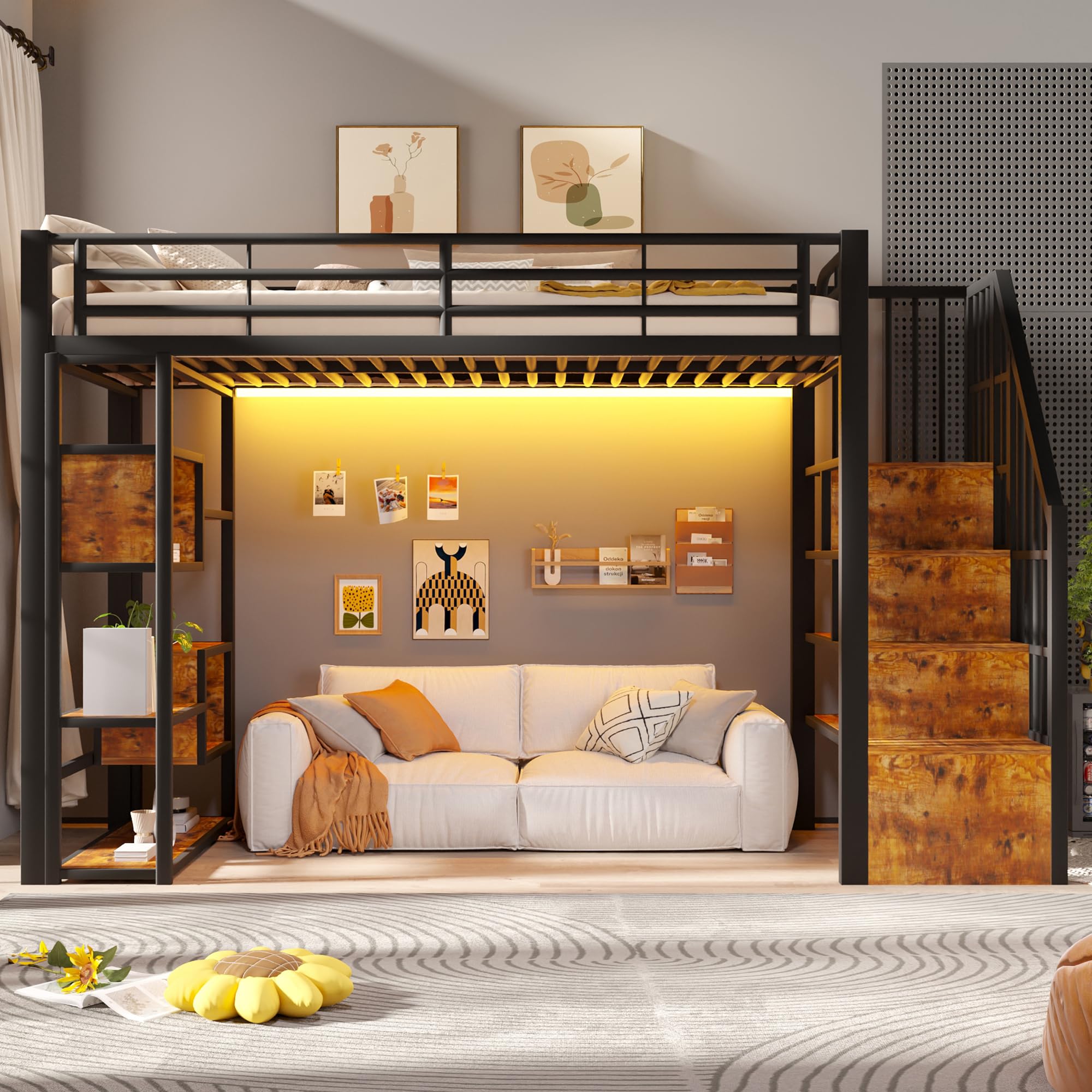 Cama alta de 90 x 200 cm de hierro con barandilla protectora y colchón incluido
