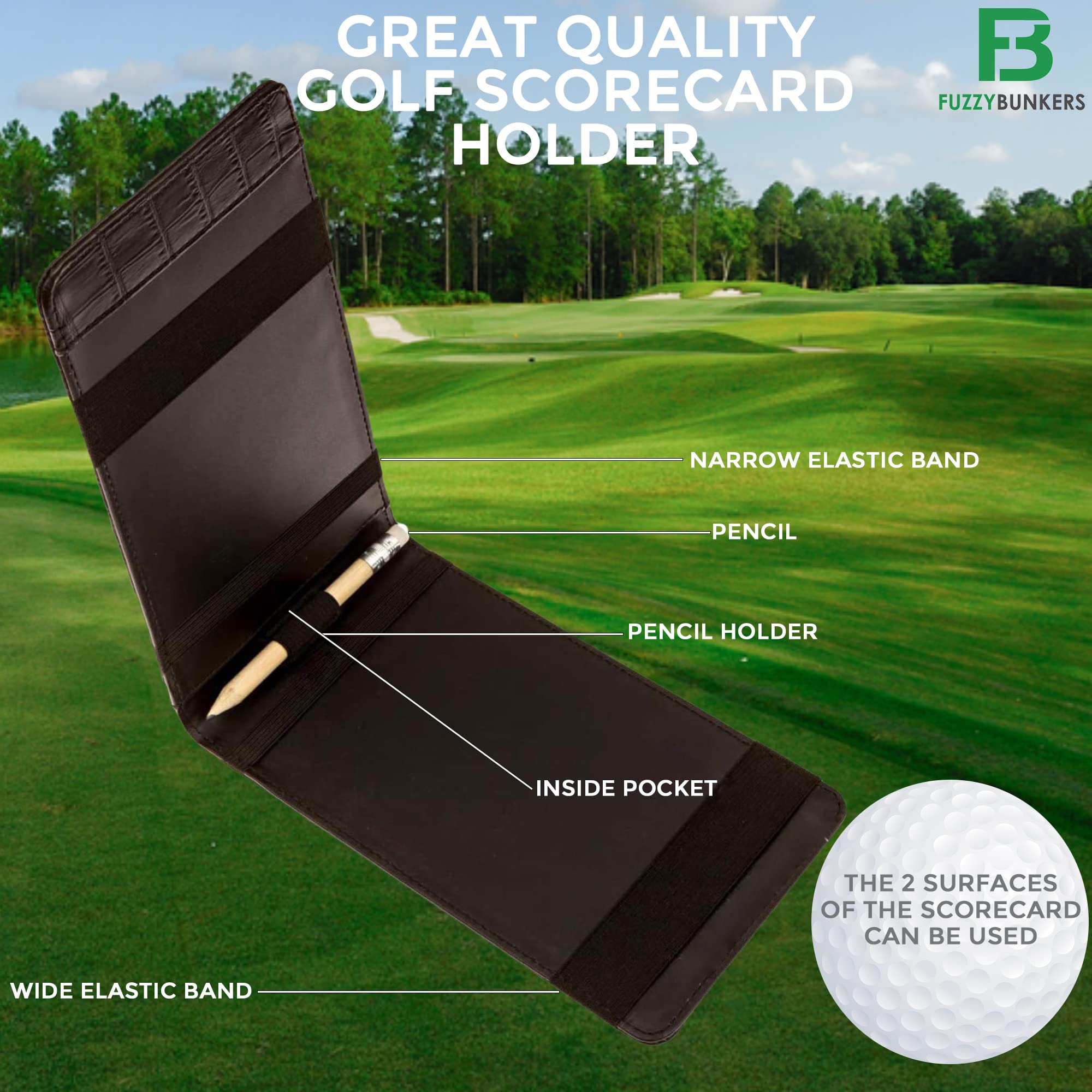 FB FUZZYBUNKERS Quality Leather Golf Scorecard Holder Yardage Book