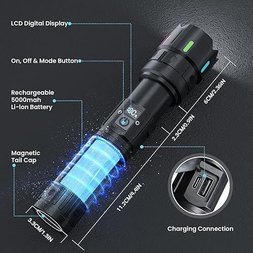 Miniatura 7 de Linterna recargable de 2000 lúmenes altos, 5 modos, linterna LED súper brillante con cola magnética, pantalla de batería LCD, carga USB-C, larga