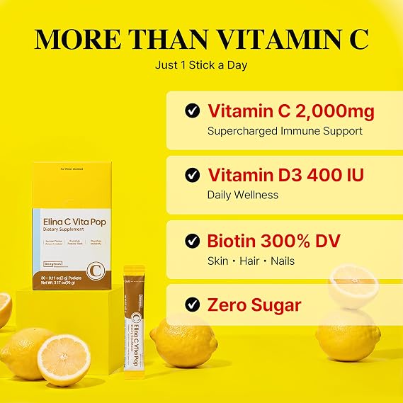 DONGKOOK Vita Pop Korean Vitamin C Powder 2,000mg Zero Sugar Vitamin D & Biotin Stick, Lemonade Drink, Vitamin C Supplements, Immune Support & Antioxidants Korean Supplements Lemon 30 Packets