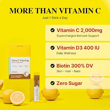 DONGKOOK Vita Pop Korean Vitamin C Powder 2,000mg Zero Sugar Vitamin D & Biotin Stick, Lemonade Drink, Vitamin C Supplements, Immune Support & Antioxidants Korean Supplements Lemon 30 Packets