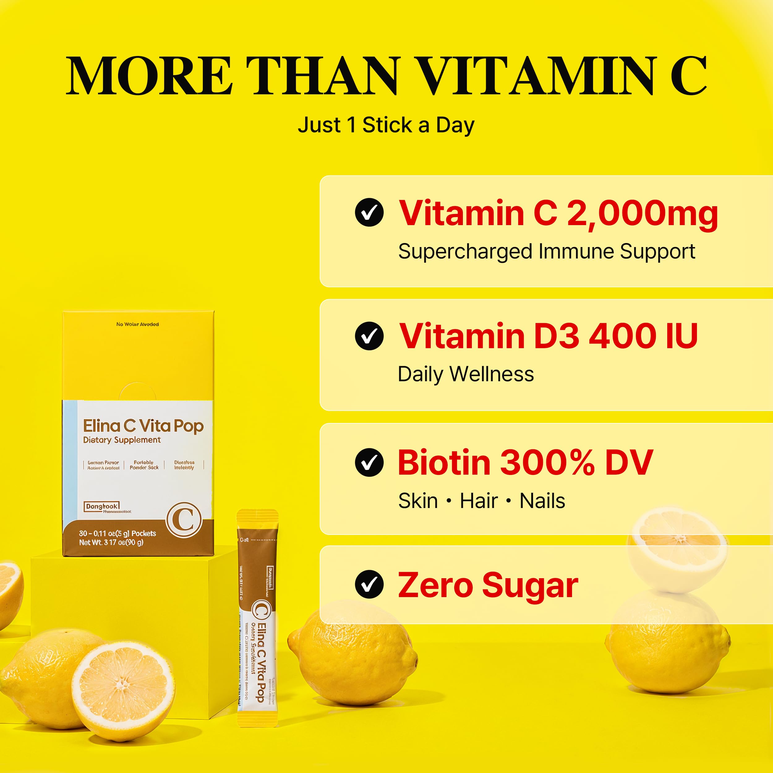 DONGKOOK Vita Pop Korean Vitamin C 2,000mg + Vitamin D + Biotin Powder Packets, Zero Sugar, Vitamin C Supplements, Immune & Energy Support, Non-GMO, Lemonade Energy Drink Mix (Lemon 100packets) — Amazon image 3