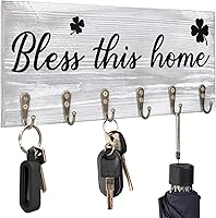 Vista 1 de Soporte de pared para llaves con palabras "Bless This Home", colgador de llaves de madera rústica con 6 ganchos para decoración de casa de campo