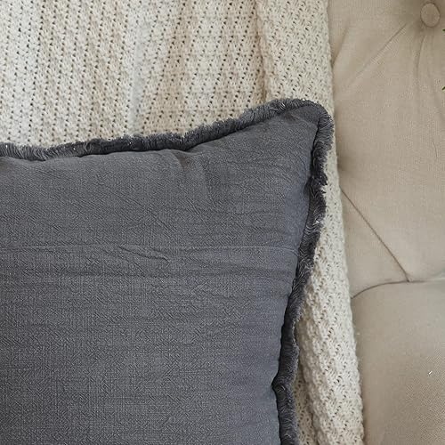 Miniatura 3 de Hckot Funda de almohada de lino de 20 x 20 pulgadas, funda de almohada lumbar gris con borlas y flecos, cojines decorativos rústicos para sofá,