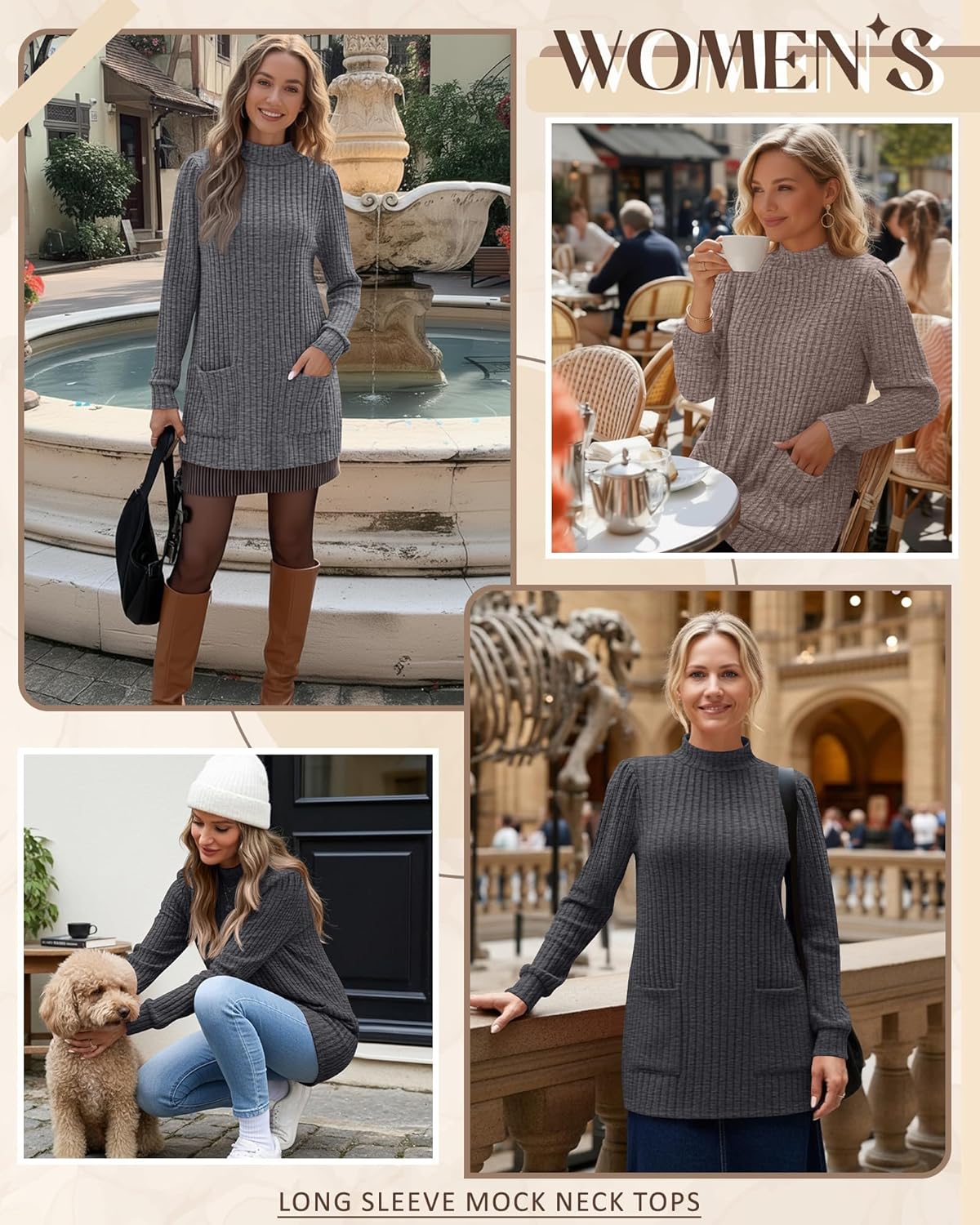 3 Pack Women's Long Sleeve Mock Neck Sweaters, Ribbed Knit Long Tops Turtleneck Loose Fit Tunic Shirt with Pockets - Image 4