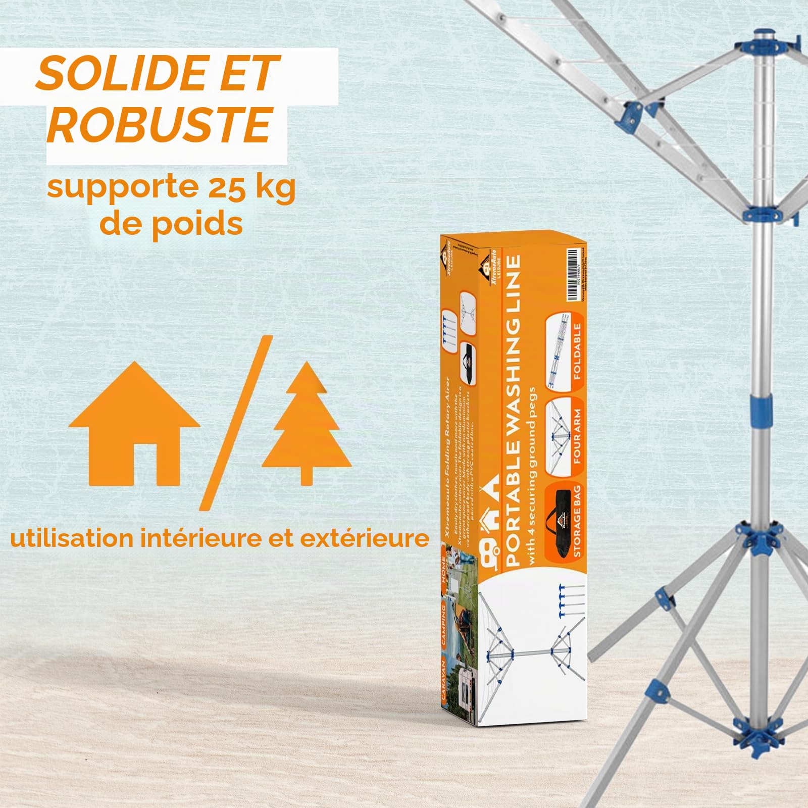 Xtremeauto Séchoir à linge rotatif en aluminium avec 4 bras, séchoir à linge extérieur, portable, pliable et autoportant pour intérieur et extérieur, pour caravane, argenté