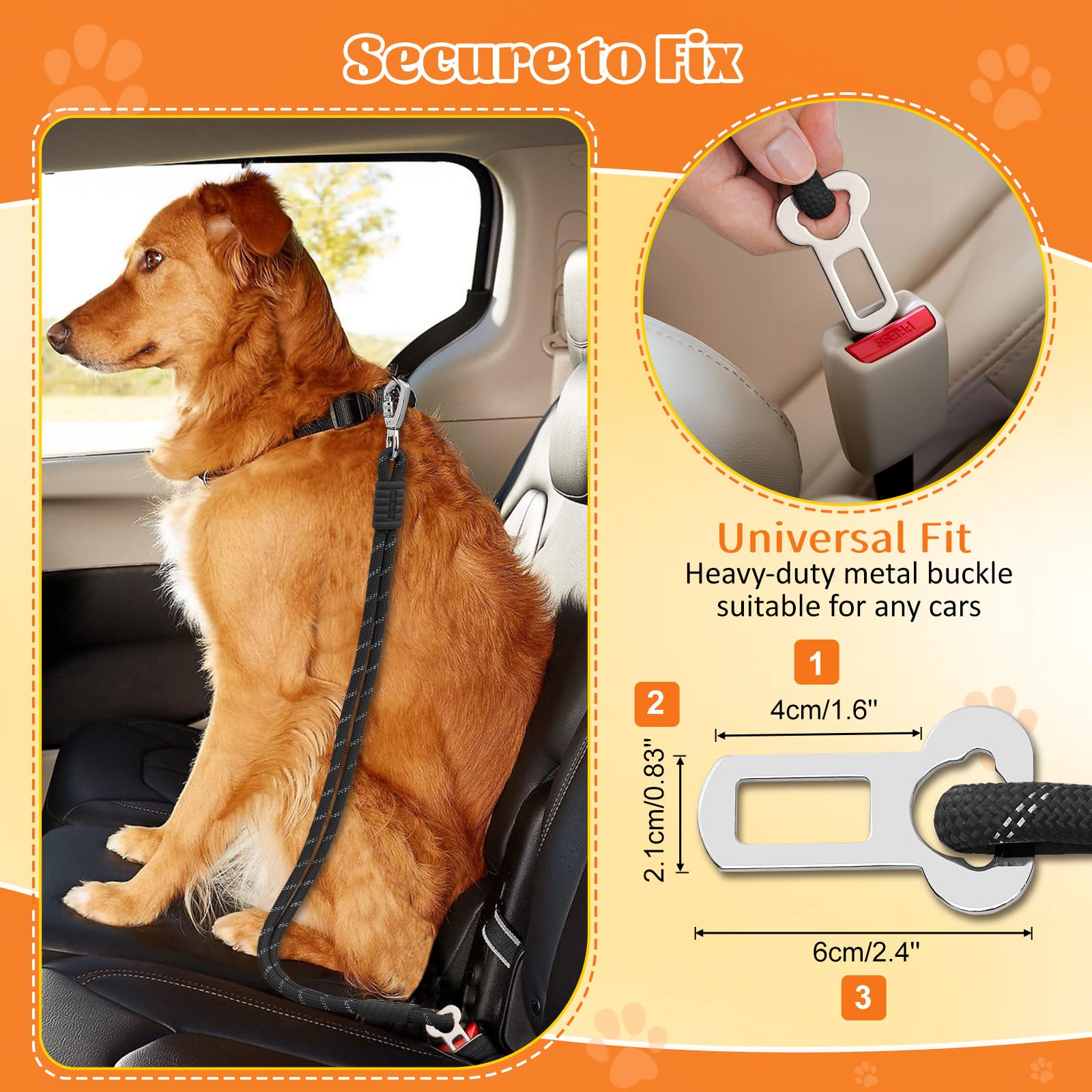 Pawaboo Dog Seatbelt for Car, Reflective Rope Dog Dog Car Seat Belt Bungee, Pet Tether Safety Restraint with Heavy Duty Buckle, Dogs Cars Harness Leash with 360&deg; Lockable Buckle, Black - image 2
