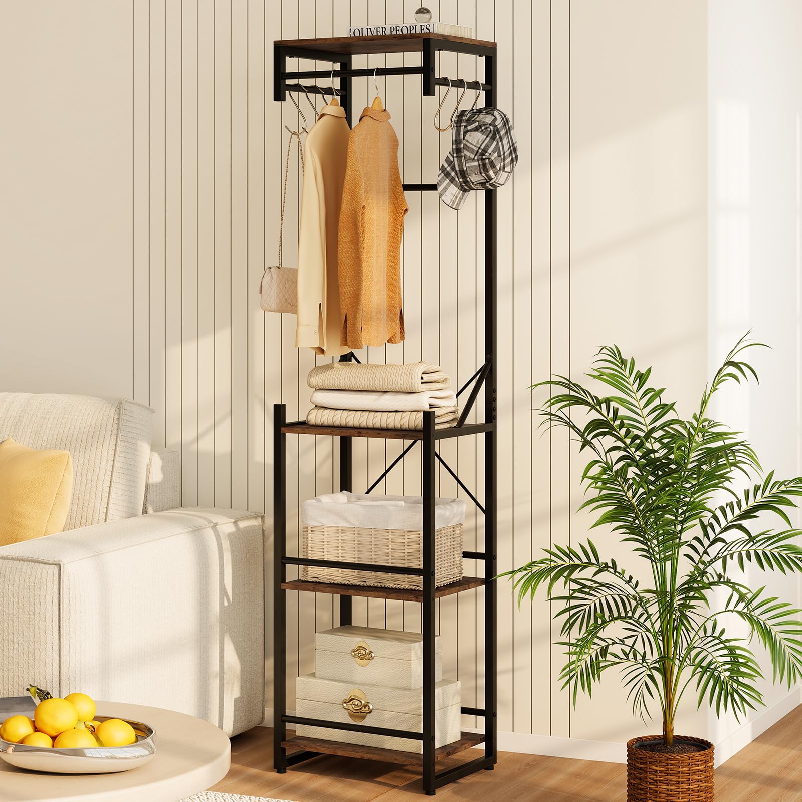 COSTWAY Perchero Burro Ropa, Perchero de Pie, 4 Estantes de Almacenamiento, 6 Ganchos y 3 Barras para Colgar, Colgador Ropa Entrada Pasillo Dormitorio, 40 x 30 x 162 cm, Industrial
