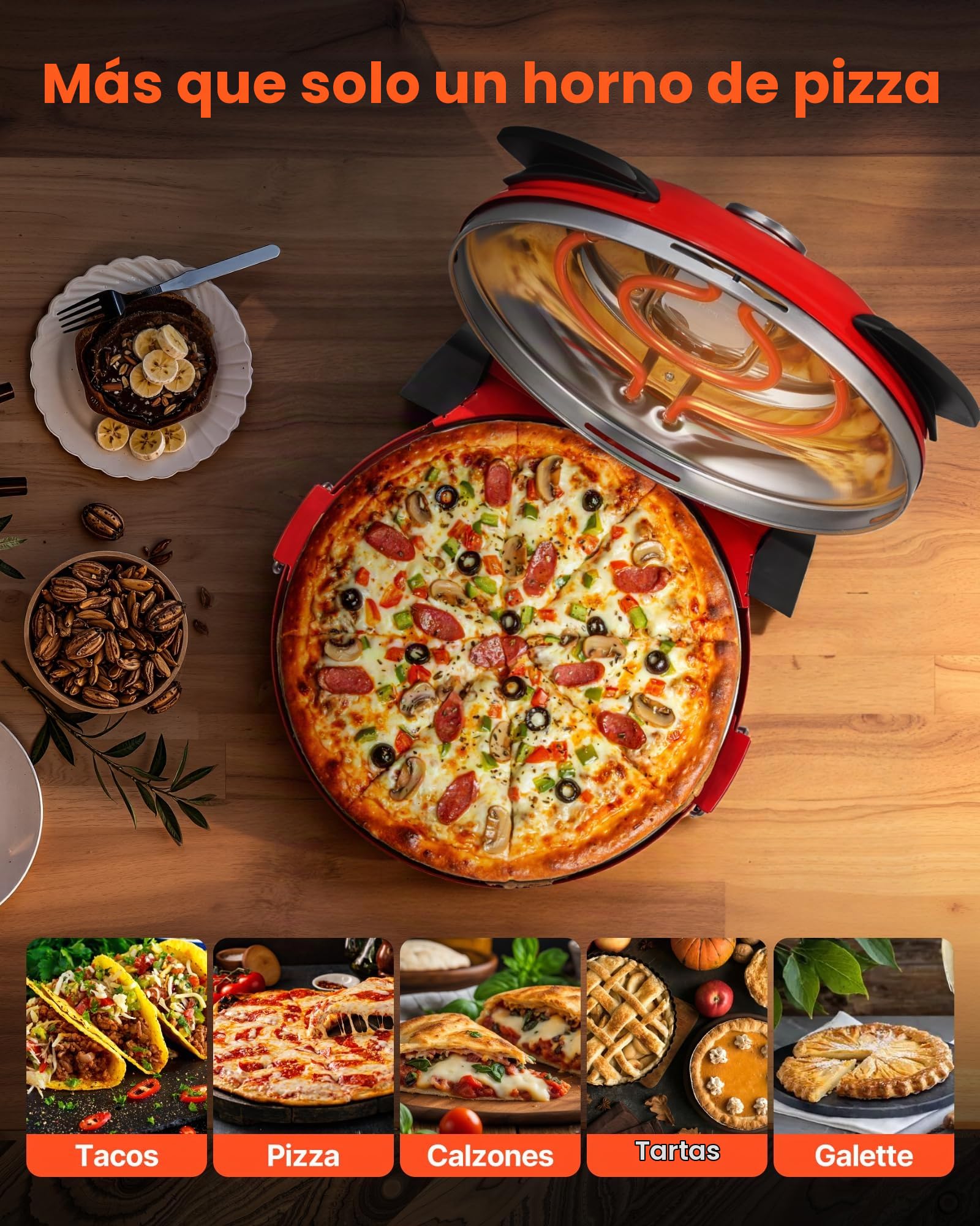 VEVOR Horno de Pizza Eléctrico de 1200 W, con Piedra de Cordierita, Control de Temperatura 5 Niveles, Ventana de Visualización para Una Cocción Precisa, hasta 420 °C, Rojo, 380 x 350 x 190 mm