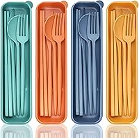 DISSKNIC Reusable Wheat Straw Travel Utensils with Case - 4 Colorful Portable Cutlery Sets: Chopsticks, Knife, Fork, Spoon for Camping & Lunch Box