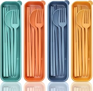 DISSKNIC Reusable Wheat Straw Travel Utensils 4 Sets with Case - Portable Cutlery Fork Spoon Knife Chopsticks for Camping Lunch Box