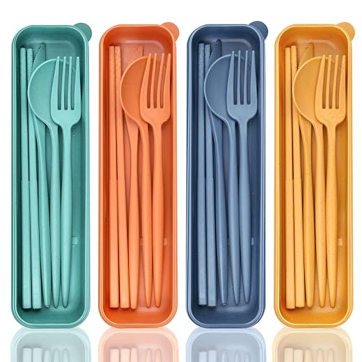 Reusable Travel Utensils with Case, 4 Sets Wheat Straw Portable Cutlery Set Chopsticks Knives Fork and Spoon for Lunch Box Accessories, Camping Flatware Sets for Daily Use or Outdoor