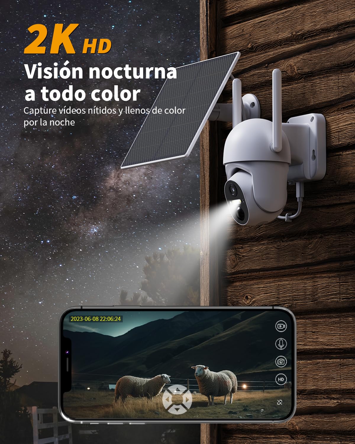 4G LTE Camara Vigilancia Exterior con Panel Solar, 2K 360° PTZ Cámara Vigilancia con Tarjeta SIM, PIR Detección de Movimiento, Visión Nocturna en Color, Audio Bidireccional, IP66 Impermeable