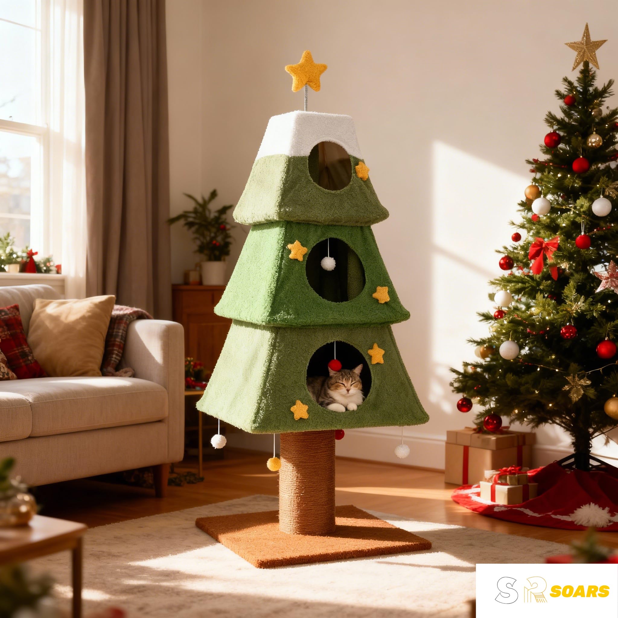 SOARS Árbol rascador de Navidad, 162 cm, con 3 cuevas, columna rascadora, tronco de 19 cm de grosor, bolas colgantes, árbol de Navidad, árbol de Navidad para gatos