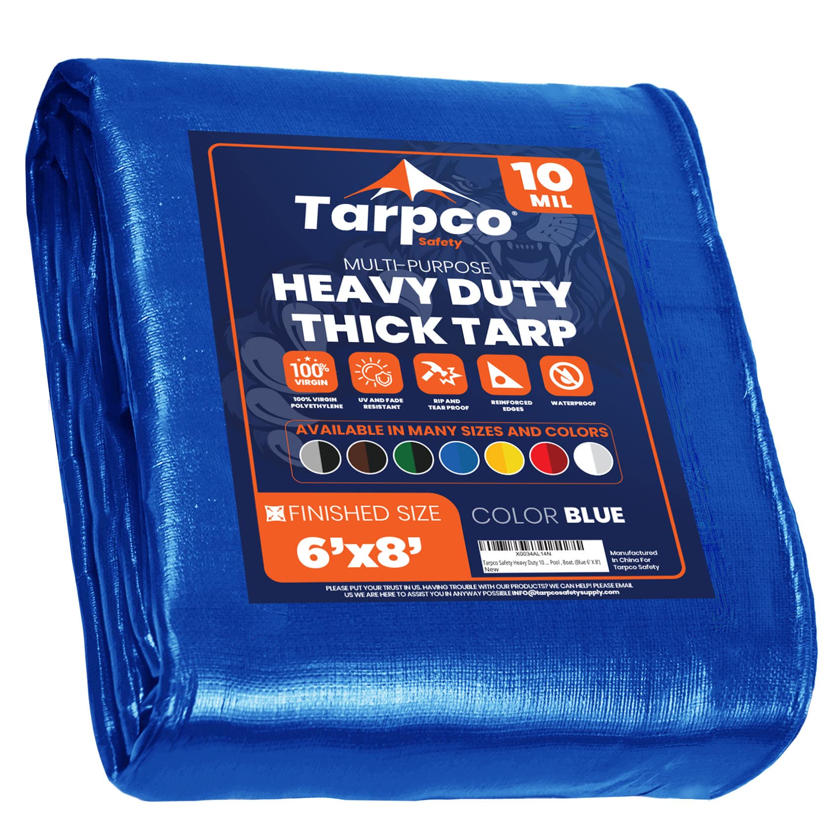 Heavy Duty 10 Mil Tarp Cover, Waterproof, UV Resistant, Rip and Tear Proof, Poly Tarpaulin with Reinforced Edges for Camping, Roof, Patio, Pool, Boat. (Blue 6′ X 8′)