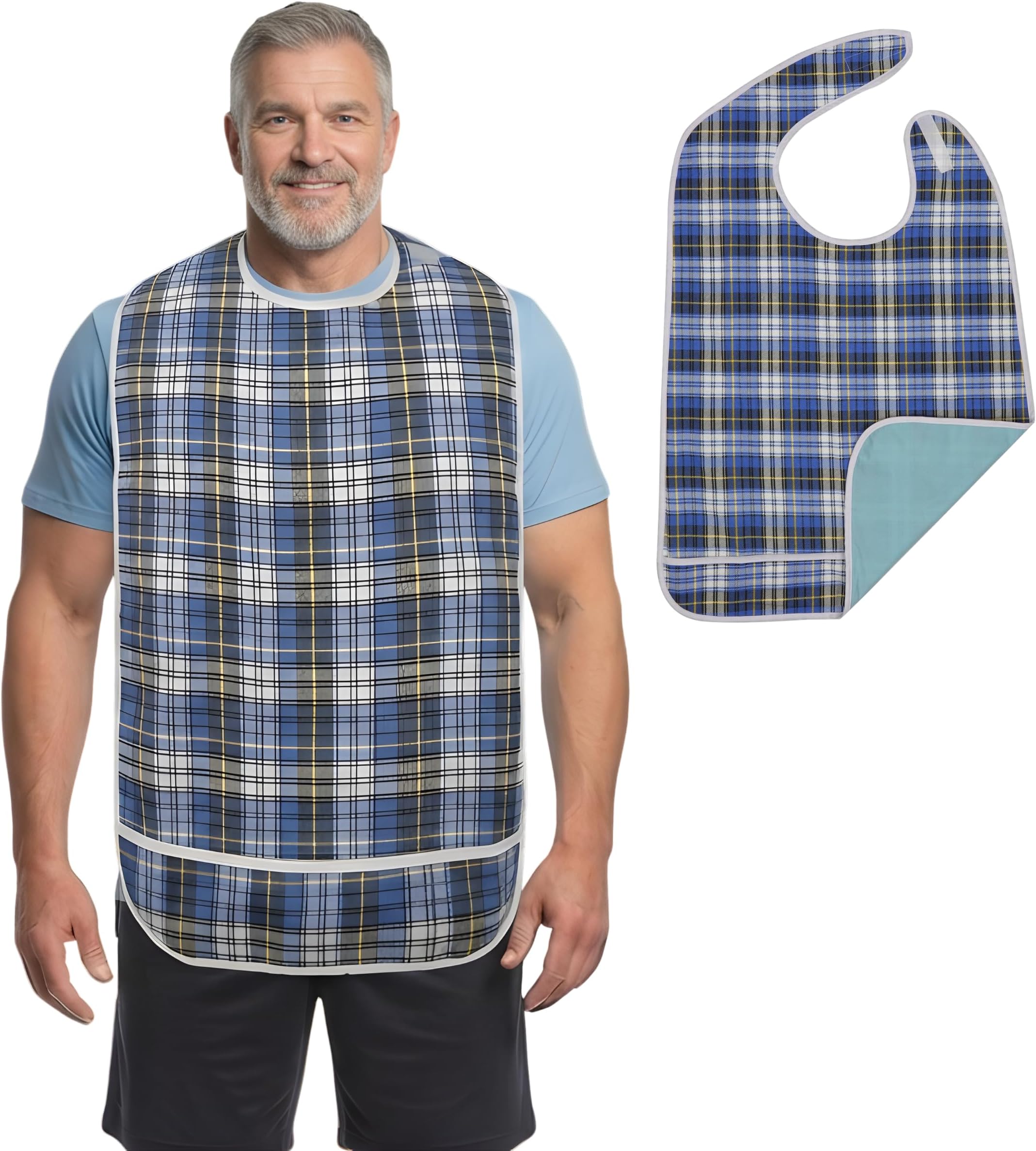 - Modaliv Premium Adult Bib – Extra Large Reusable Waterproof Clothing Protector, Machine Washable, Adaptive Dining Bib for Men & Women, Gift for Seniors (Blue)