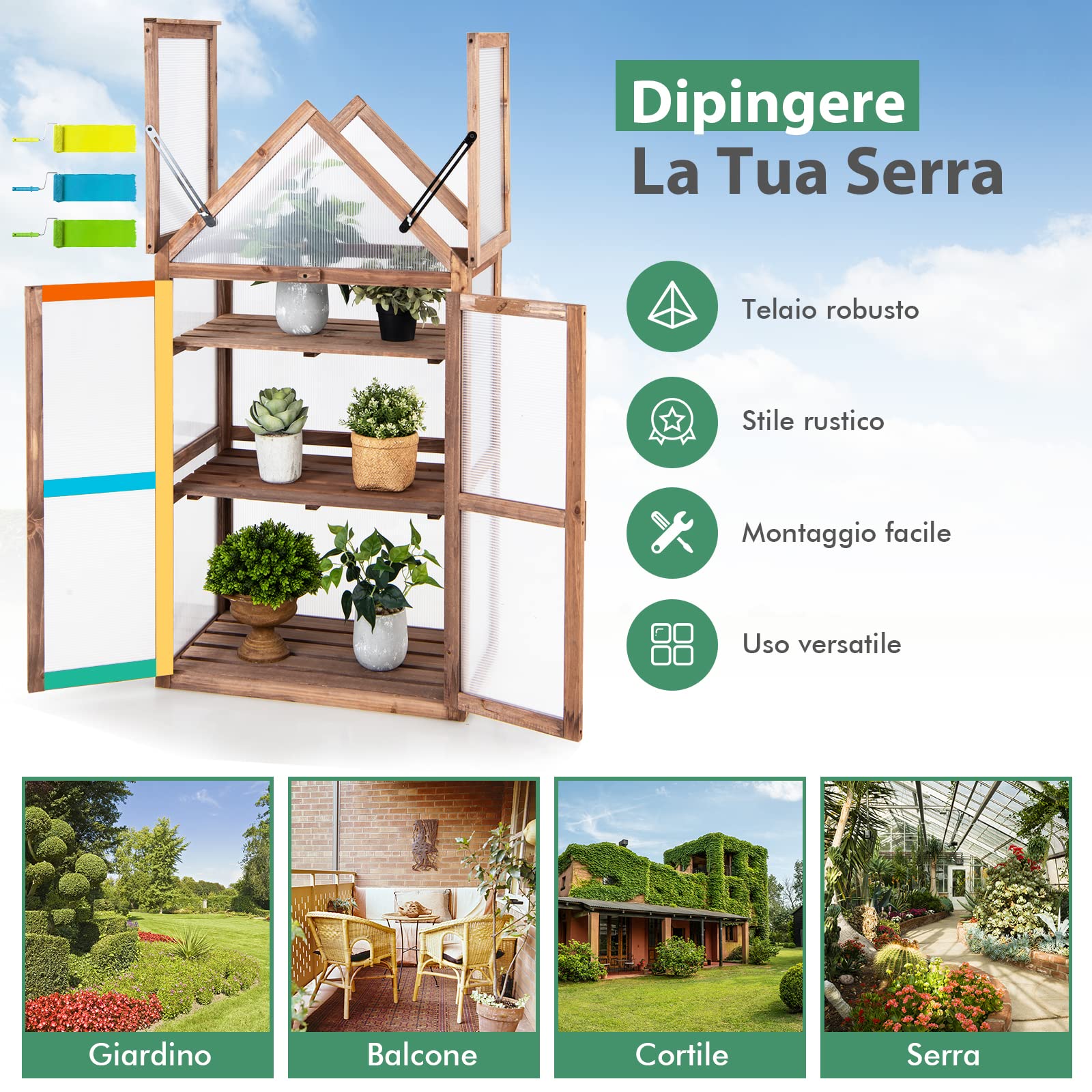 COSTWAY Mini Serra da Giardino in Legno a 3 Livelli, Serra da Giardino con Coperchio Apribile, Ripiani Rimovibili, Serra a Forma di Casetta da Interno ed Esterno, 71 x 41 x 133 cm