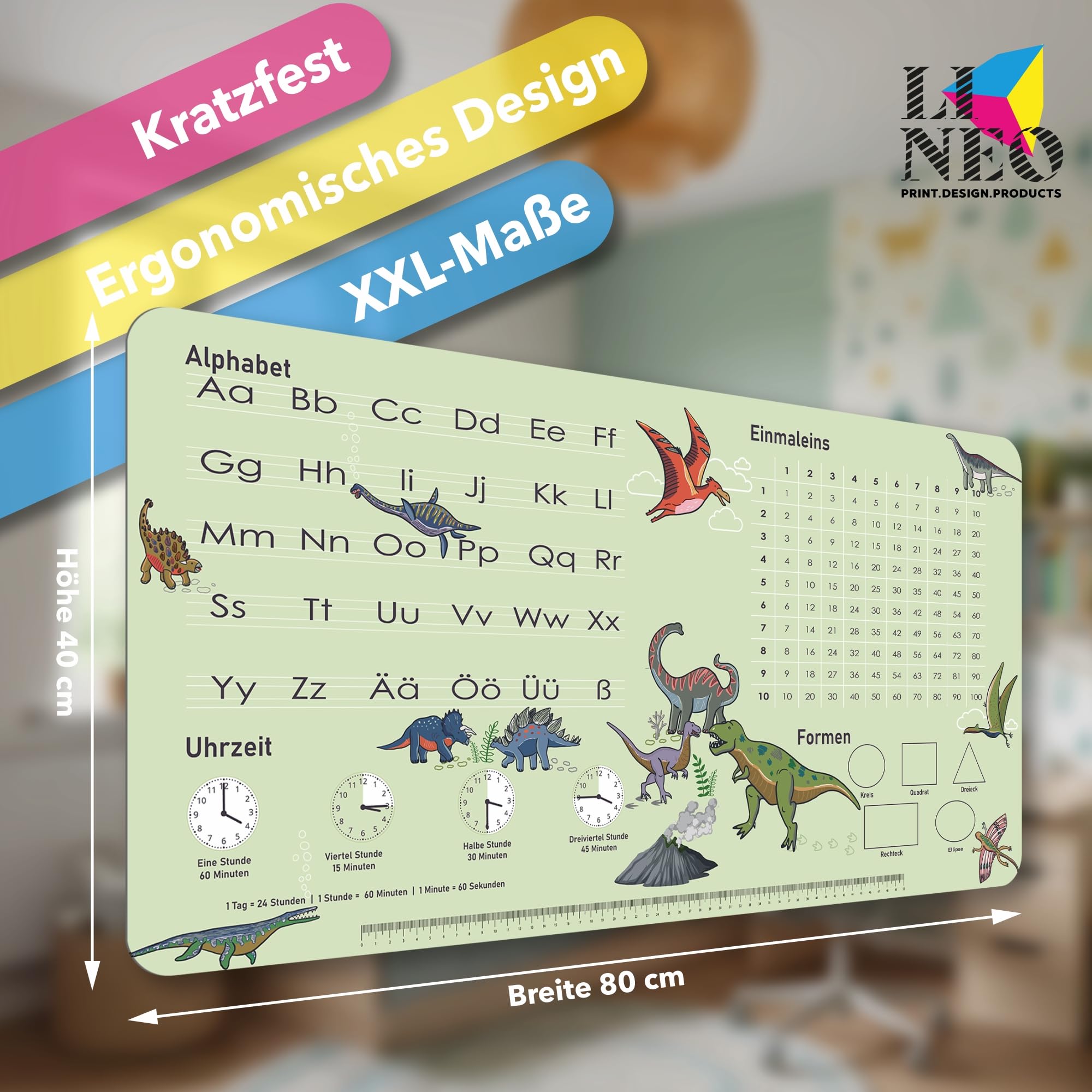 Children's Desk Mat, Wipe-Clean, 80 x 40 cm, Learning Mat, Desk Mat & Table Mat, Robust Painting Mat, Desk Underlay Mat (Dino) - Image 2