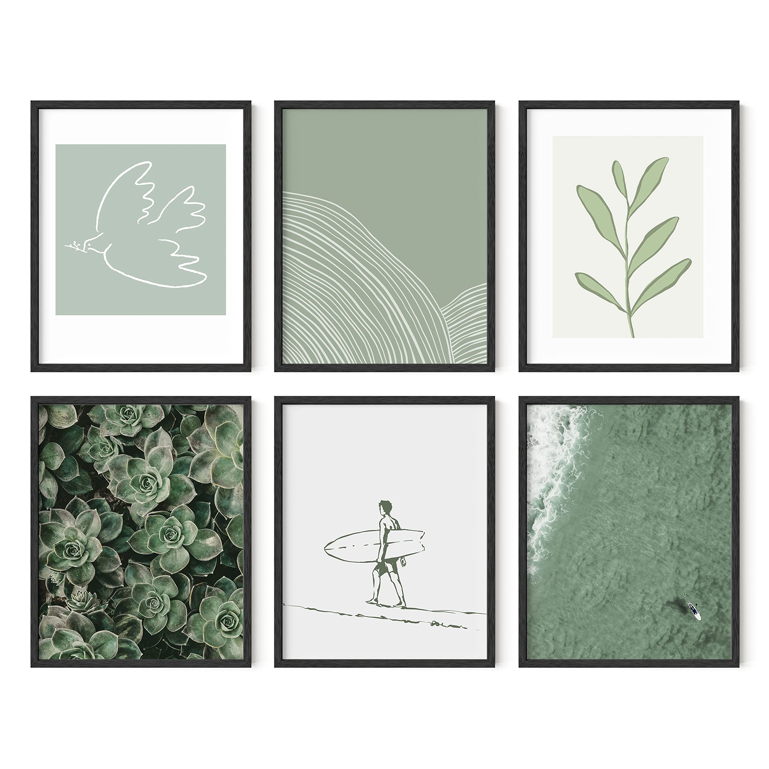 HAUS AND HUESSage Green Wall Art - Set of 6 Nature Prints, Aesthetic Green Posters, Abstract Plant Art for Bedroom Decor (Unframed, 8x10)