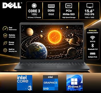 Dell Pro 15 Essential Laptop, Intel Core 3 100U, 8GB DDR5, 512GB SSD, FHD