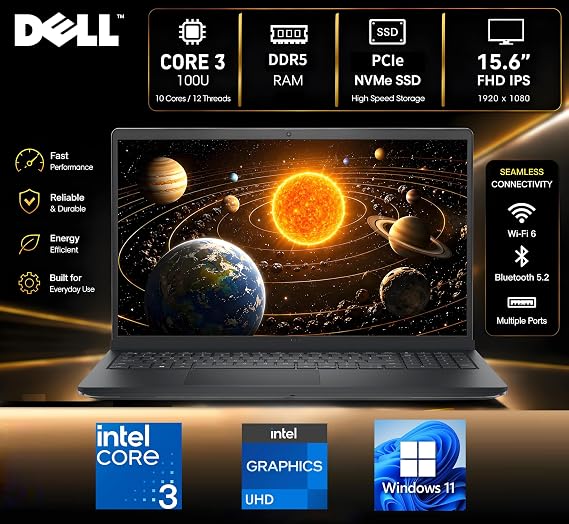 Dell Pro 15 Essential Laptop, Intel Core 3 100U, 8GB DDR5, 512GB SSD, FHD