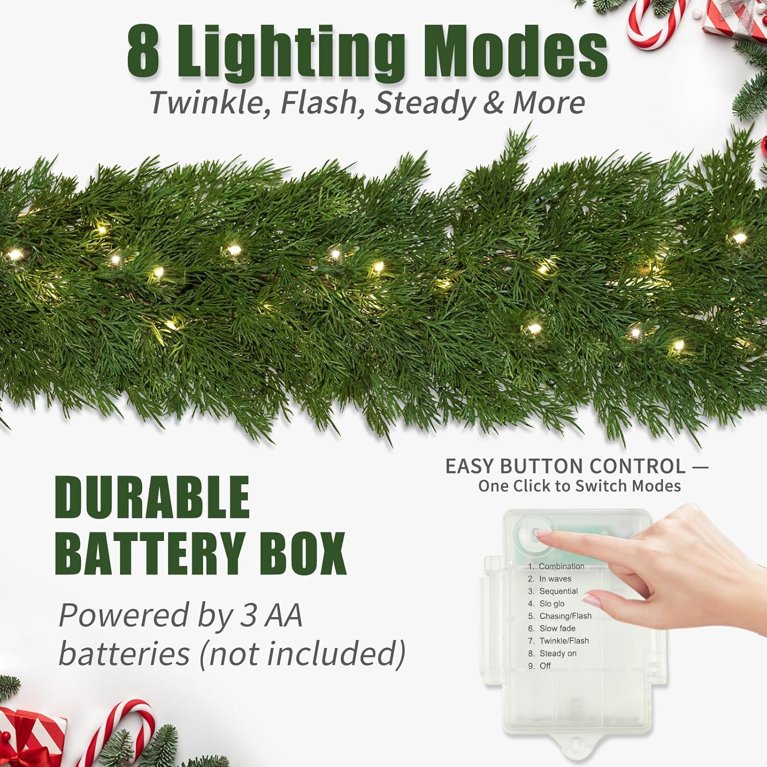 Realistic Christmas Garland With 8 Lighting Modes 6FT Real Touch Lush Artificial Cypress Garlands Prelit Garlands for Stairs Railing Fireplace Table Christmas Decorations Indoor Holiday Decor Greenery