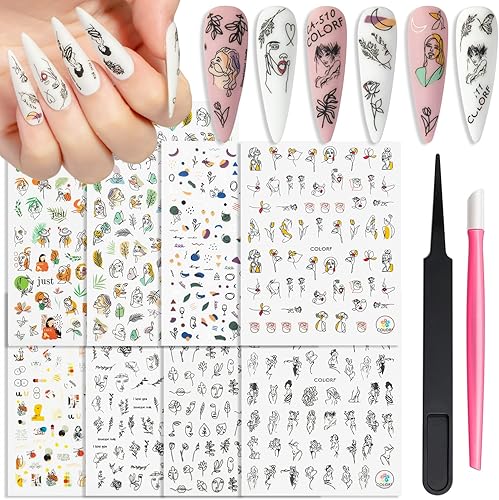 Doodle Fun Nail Art - Juego de calcomanías autoadhesivas 3D, calcomanías abstractas para uñas, calcomanías de arte de uñas para mujer, calcomanías
