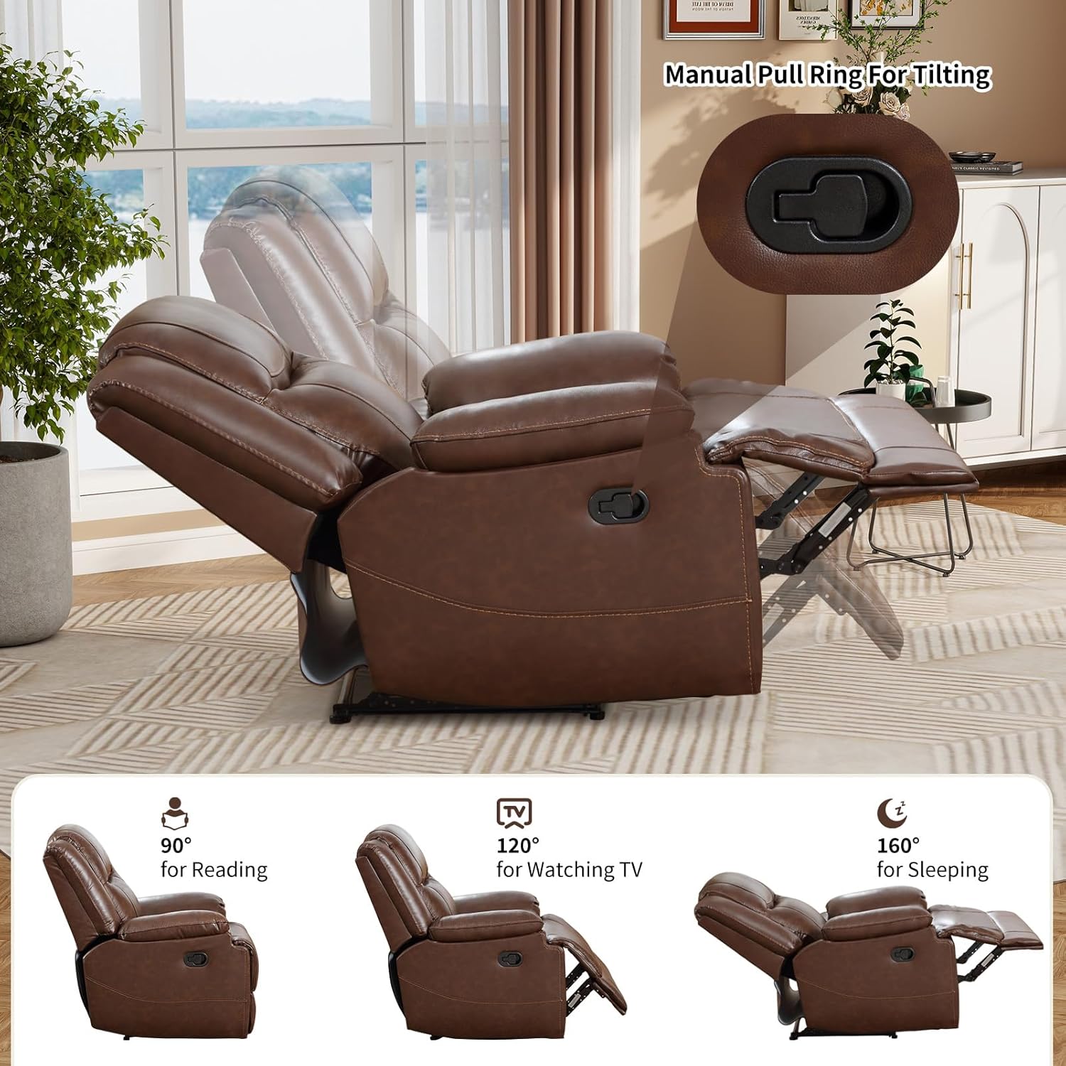 CANMOV Genuine Leather Manual Recliner Chair for Adults, Reclining Single Sofa Seat for Living Room, Meeting Room, Bedroom, Reading, Easy to Clean, Brown