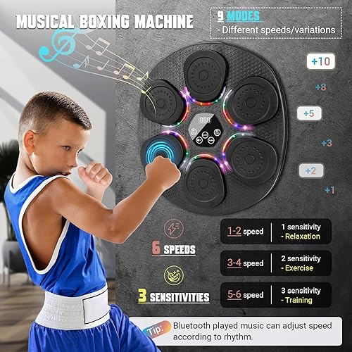 Vista 4 de Music Boxing Machine for Adults & Kids, Bluetooth Smart Boxing Wall Machine with Gloves, 9 Modes, 6 Speeds & 3 Sensitivity, Electric Light Up Music