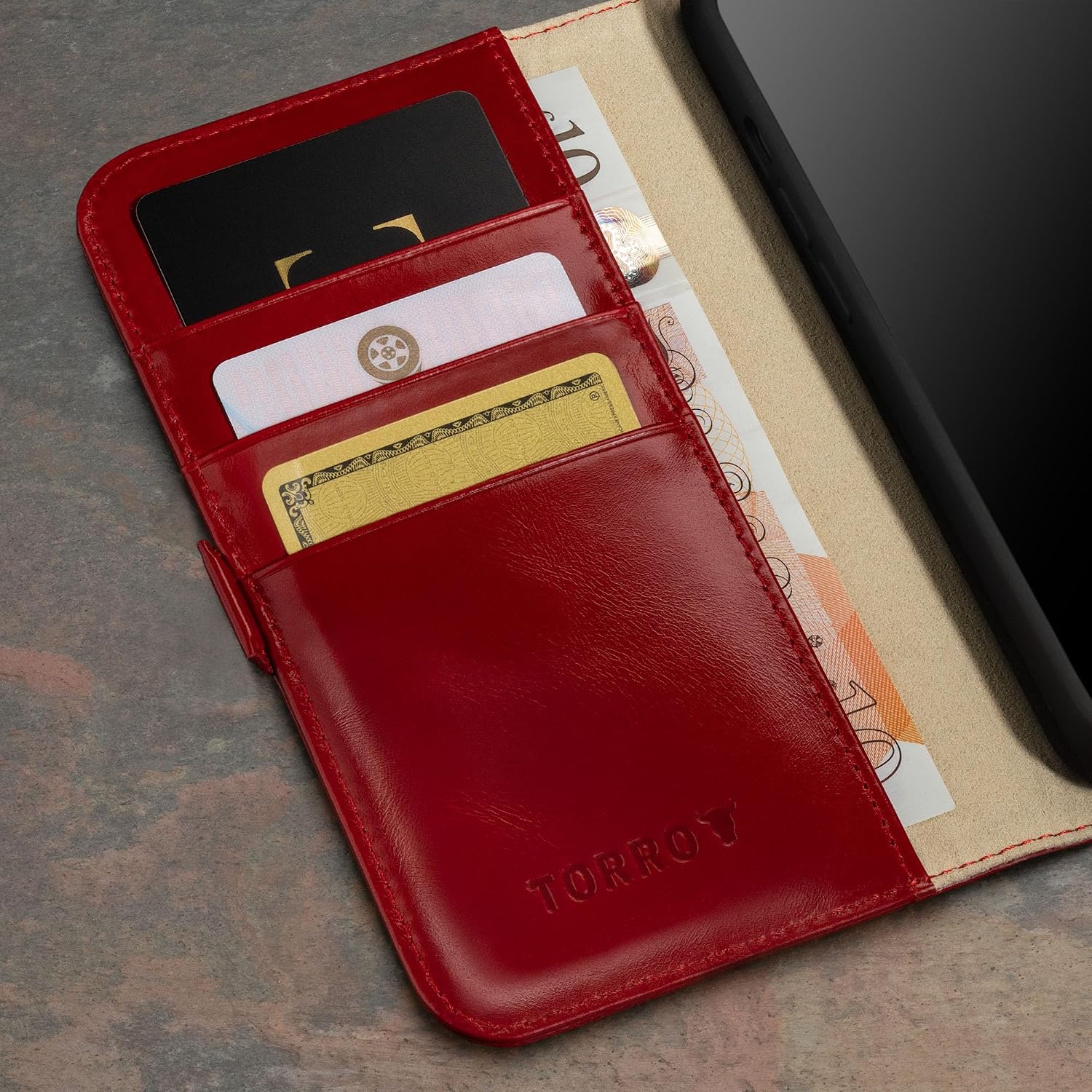 TORRO Premium Leather Case Compatible with iPhone 15 6.1" – Genuine Leather Wallet Flip Folio Case with Kickstand and Card Slots - Red
