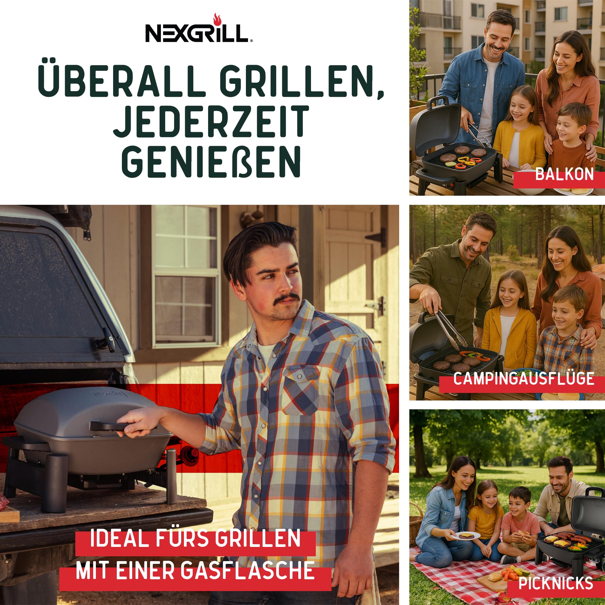 Nexgrill Gasgrill klein & tragbar für bis zu 300° – Tischgrill Gas für Balkon & Camping, Kleiner Grill mit Deckel, Gusseisenrost, 3,1 kW Edelstahlbrenner, Piezozündung, Mini Gasgrill kompakt