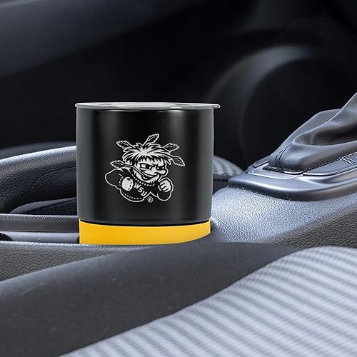 Miniatura 349 de Rico Industries NCAA Miami of Ohio Redhawks - Vaso de cerámica de 16 onzas con agarre de silicona, grabado láser profundo, diseño de color negro