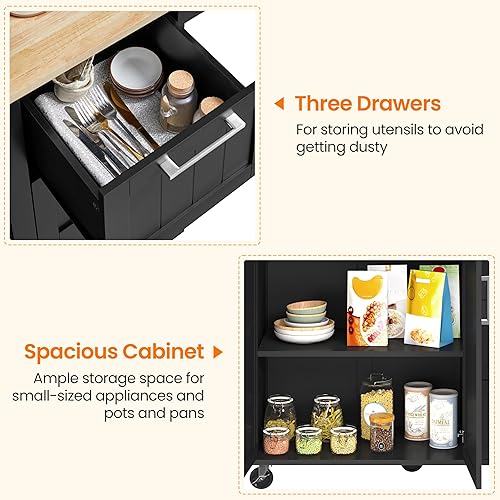 Miniatura 7 de Yaheetech Carrito de isla de cocina con hoja caída, barra de desayuno de cocina con 5 ruedas universales con gabinete de almacenamiento, parte Negro