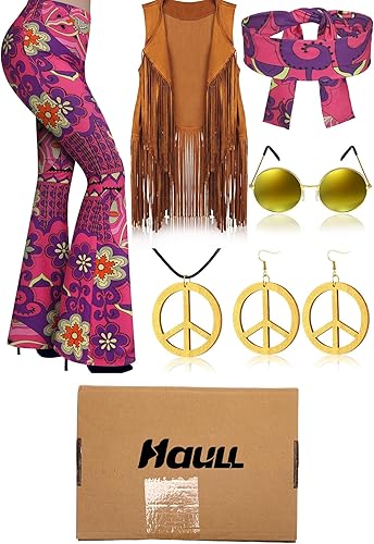 Miniatura 8 de Haull Conjunto de 7 piezas de disfraz hippie de discoteca de los años 60 y 70 para mujer, conjunto de disfraz de Halloween, pantalones bohemios,