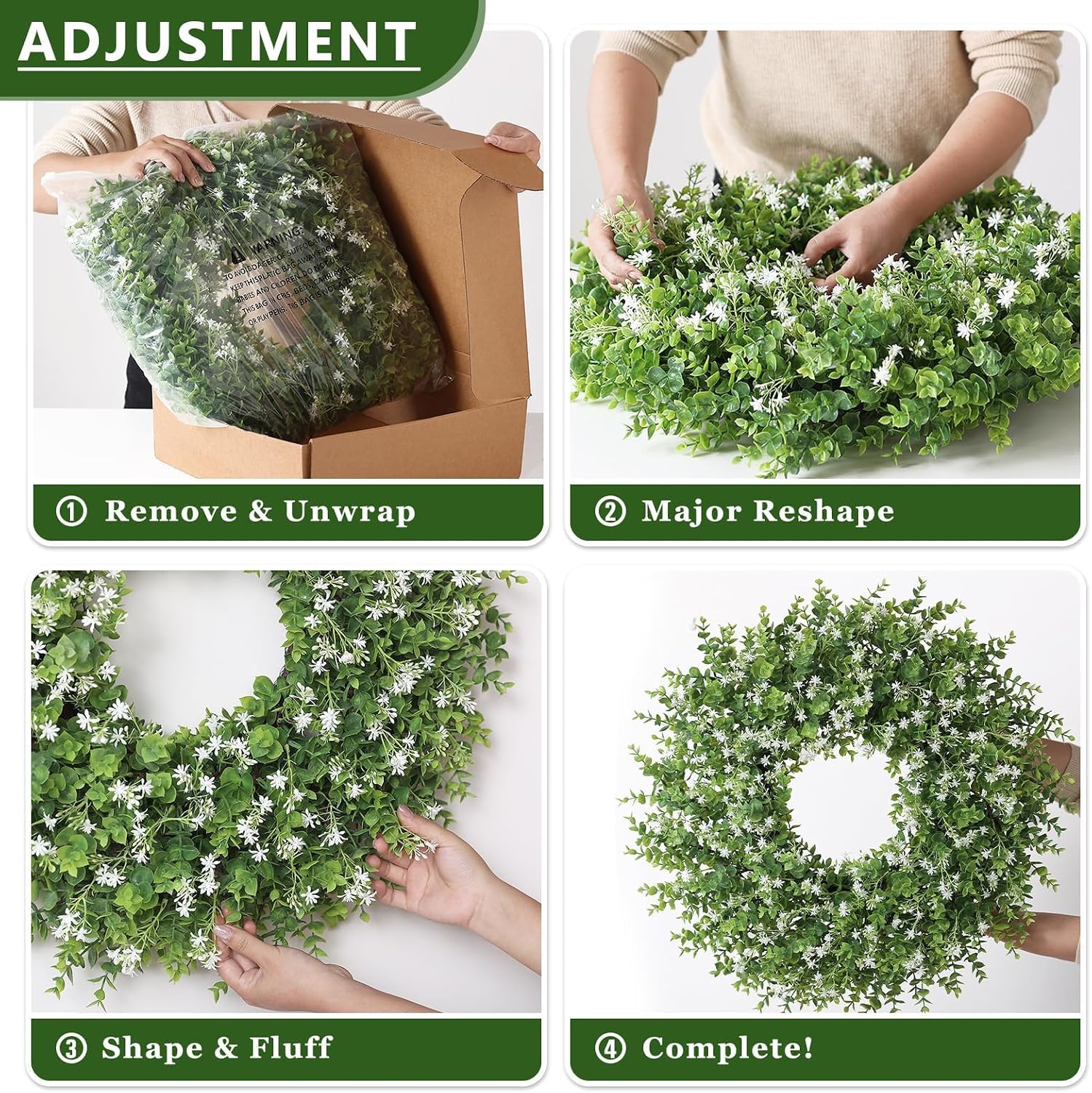26" Artificial Eucalyptus Wreath with Baby's Breath for Front Door - Fake Eucalyptus Wreath, Spring Summer Faux Flowers Wreath for Porch, Farmhouse, Wall, Window, Home Decor (White-Green)