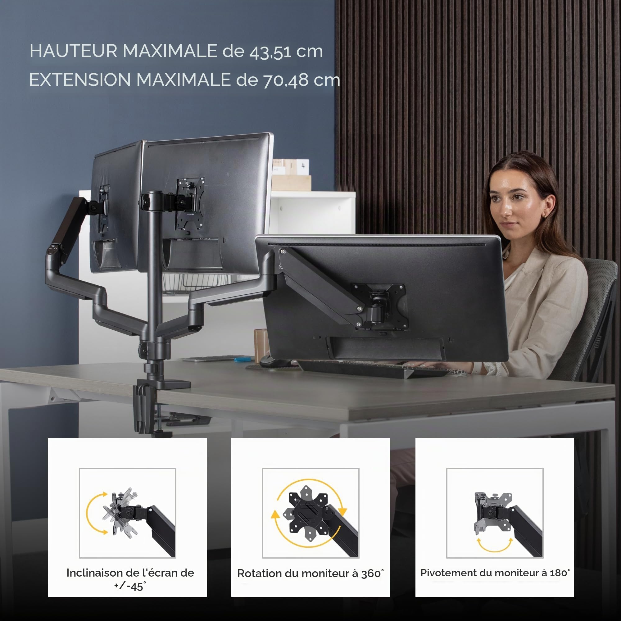 Fellowes Bras Porte Écrans Platinum Triple pour 3 Moniteurs Jusqu'à 27", Portrait Ou Paysage, Norme VESA, 2 Ports USB