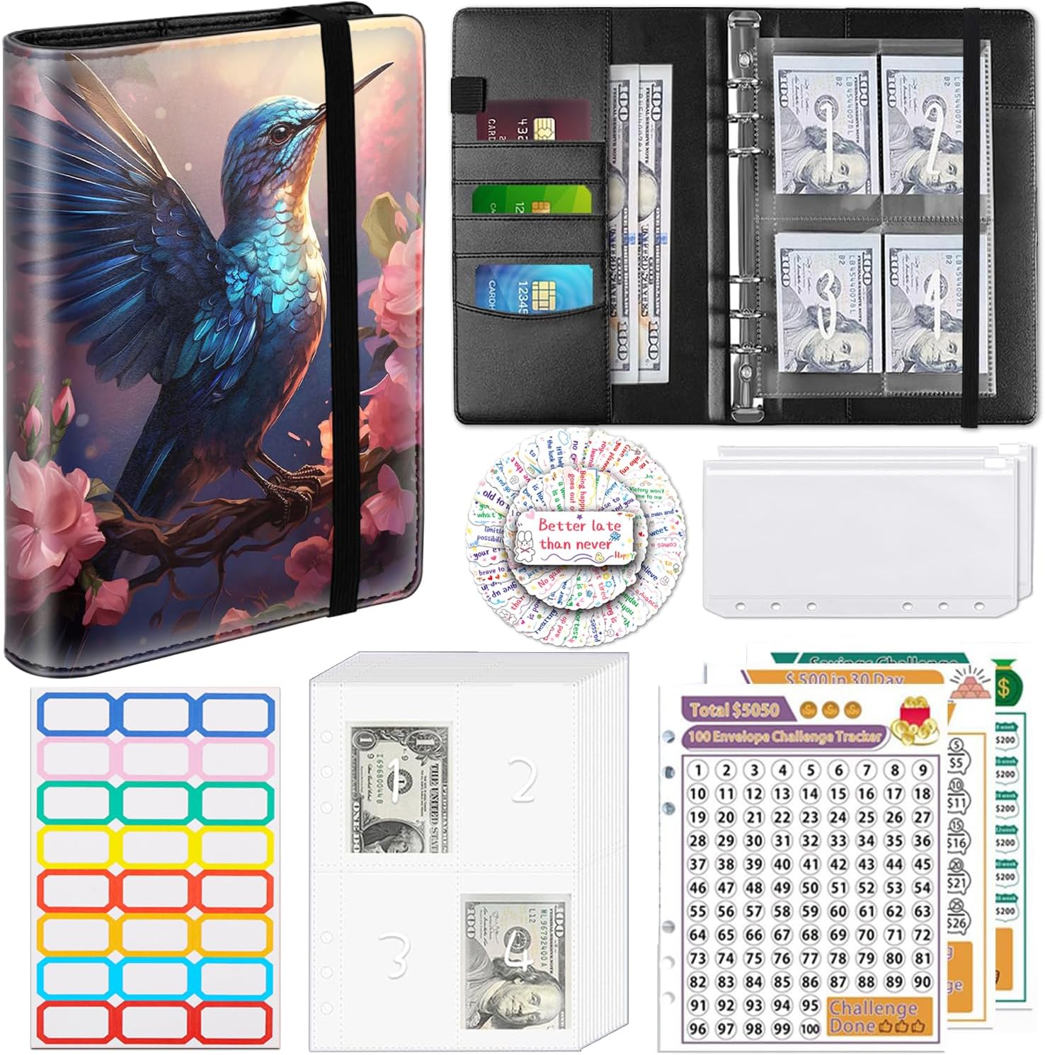 100 Envelopes Money Saving Challenge A5 Money Saving Binder with Cash Envelopes，Budget Binder Savings Challenge Book for 100 Day to Save $5,050 for Budgeting Planner，Hummingbird