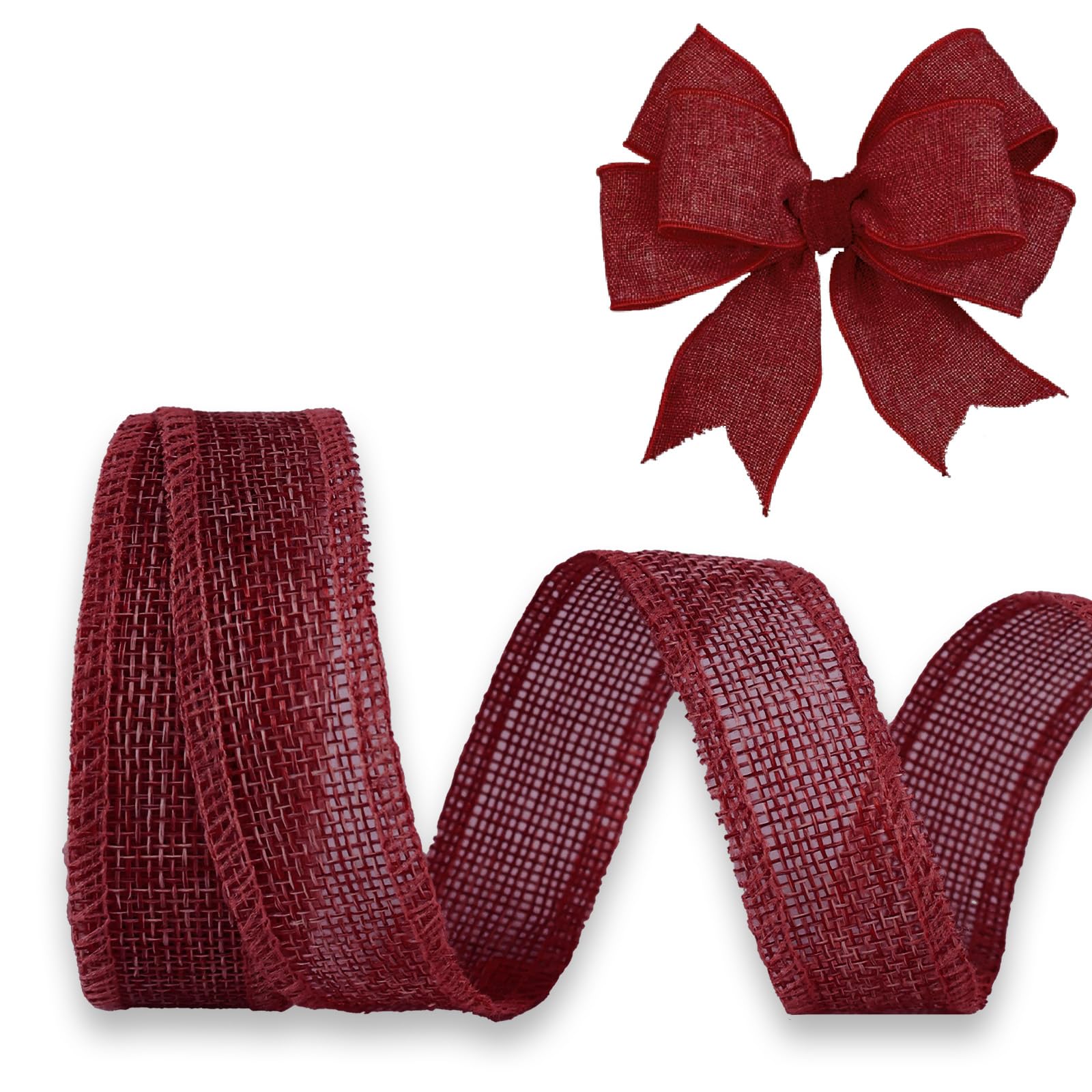 JaoZuyard Burgundy Burlap Ribbon 1 inch x 10 Yard Natural Linen Woven Wired Ribbons DIY Handmade Edging Production Wreath Holiday Decoration Gift