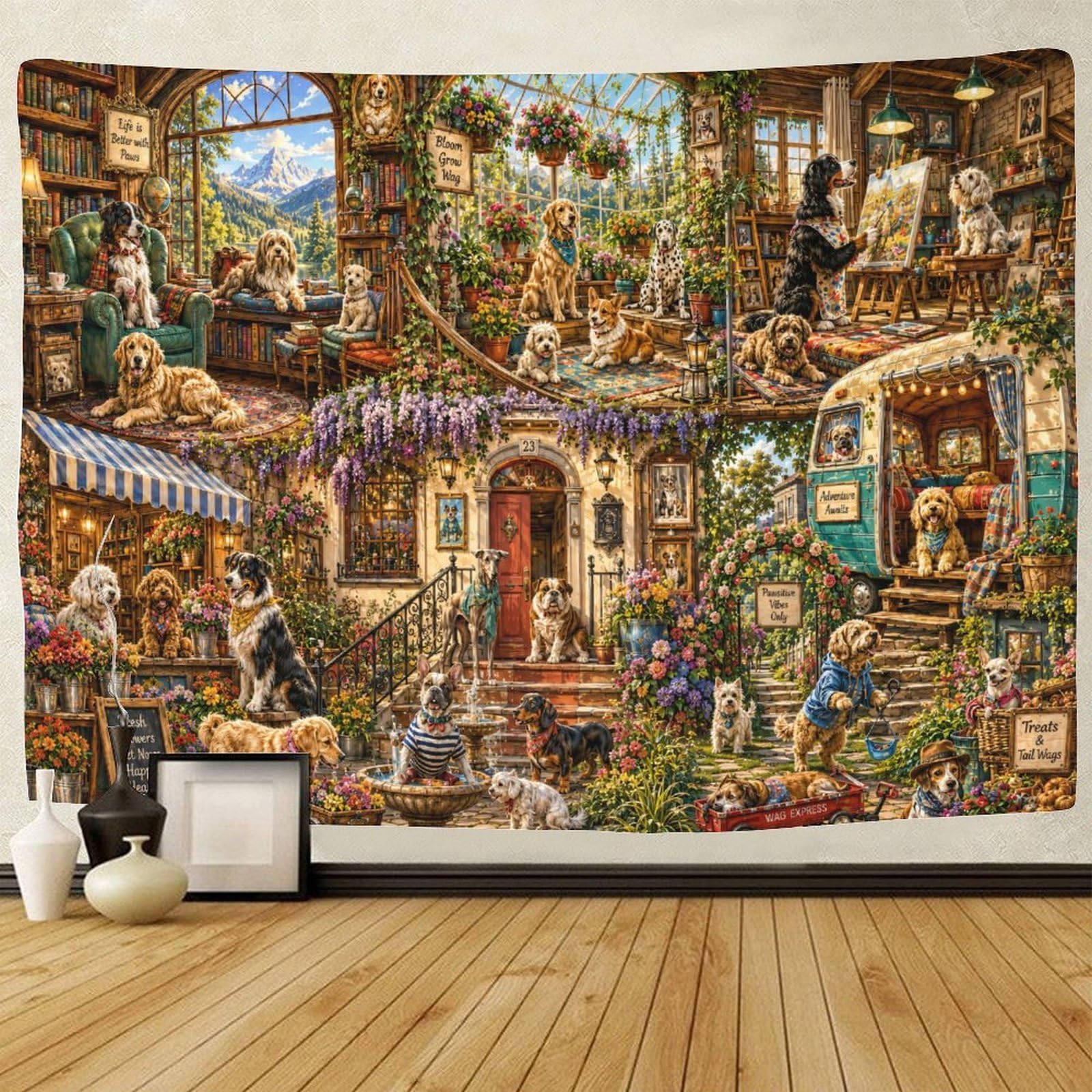 GPMNBCXZK Vibrant Dog Village Wall Art Decor 3D Print Tapestry for Bedroom Tapestries Poster Curtain Bedroom College Dorm 130cmx150cm